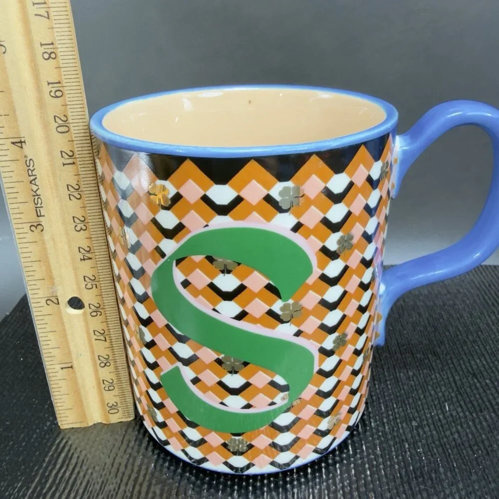 Anthropologie Bistro Tile Ceramic Coffee Mug Cup Monogram Letter S Shamrocks Mug